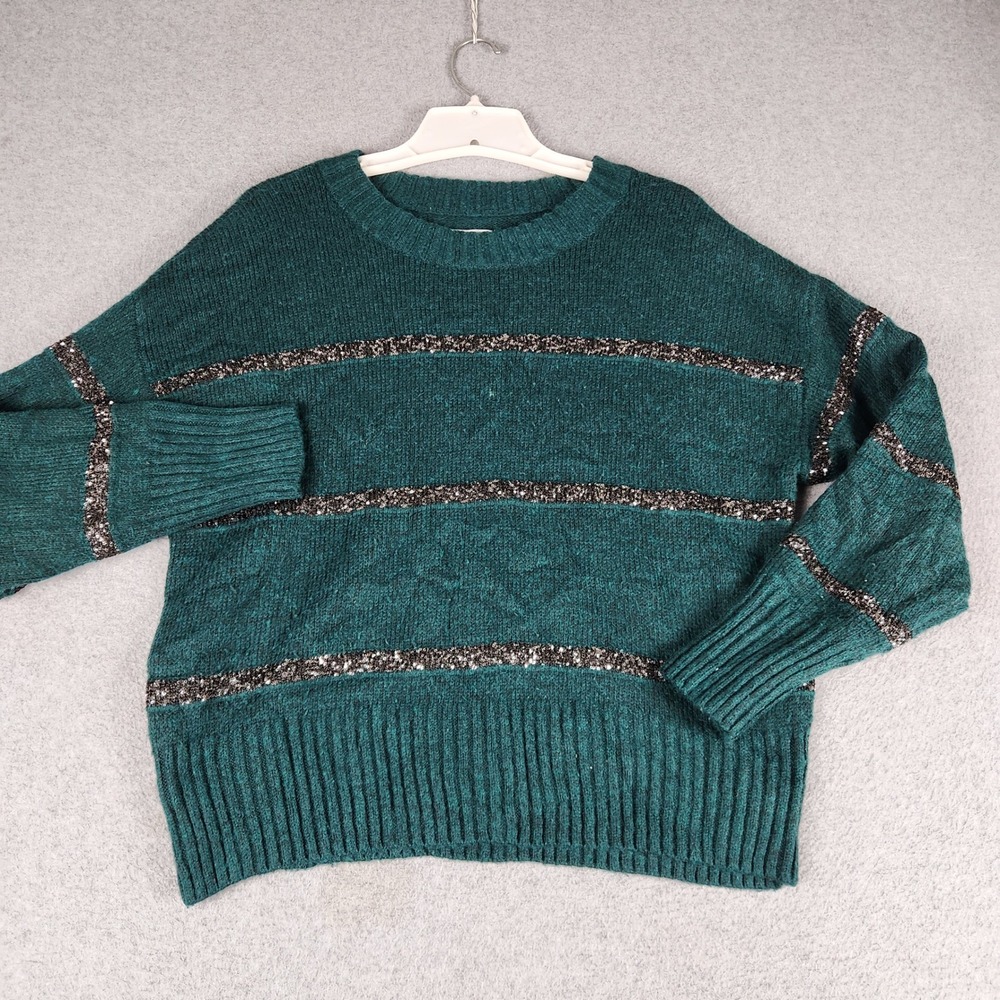 Sonoma Sweater Womens Medium Teal Green Knitted Sequin Striped Crewneck Pullover
